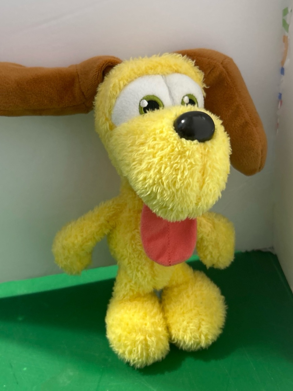 Plush Yellow Puppy Stuffed Animal with Brown Ears and Red Tongue